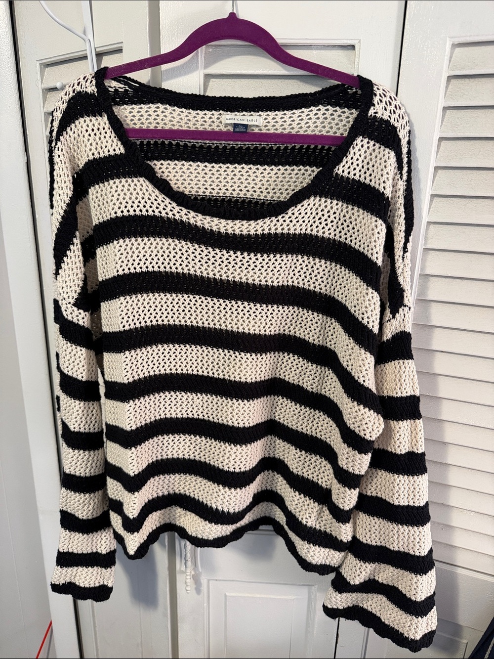 American Eagle Outfitters Black & Cream Striped Scoop Neck Sweater